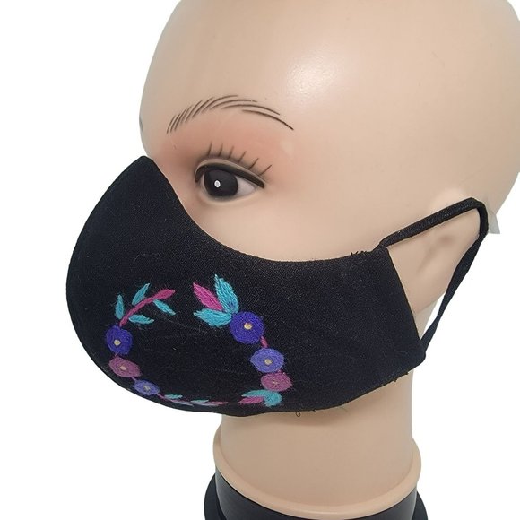 New Cover Face ear loop Women's Black blue Mask Embroidered handmade flower ring - Picture 1 of 6